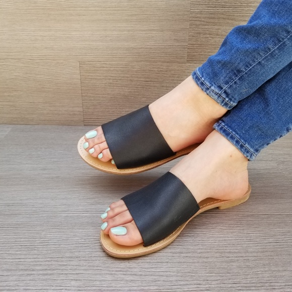 faux Leather Slip on Slider Black Flat Sandals-D - Picture 8 of 8